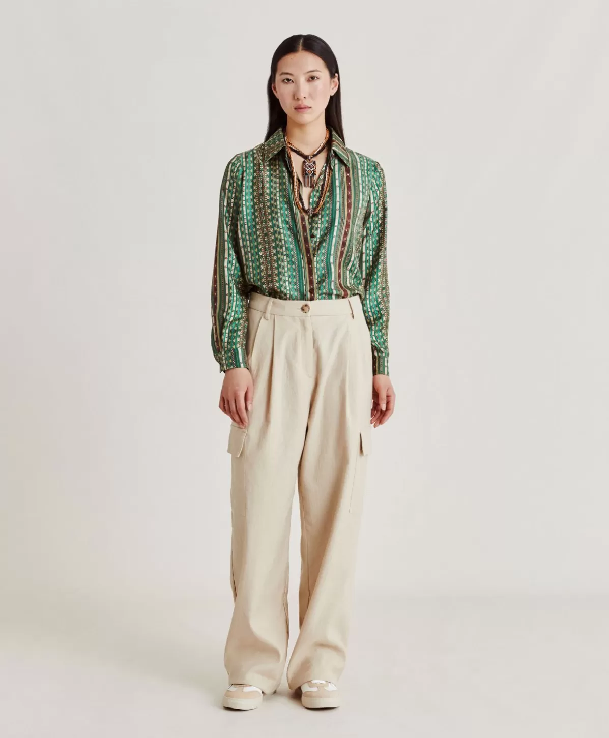 Bluse E Camicie-Momonì Camicia Arles In Twill Di Seta - Verde/Multicolor