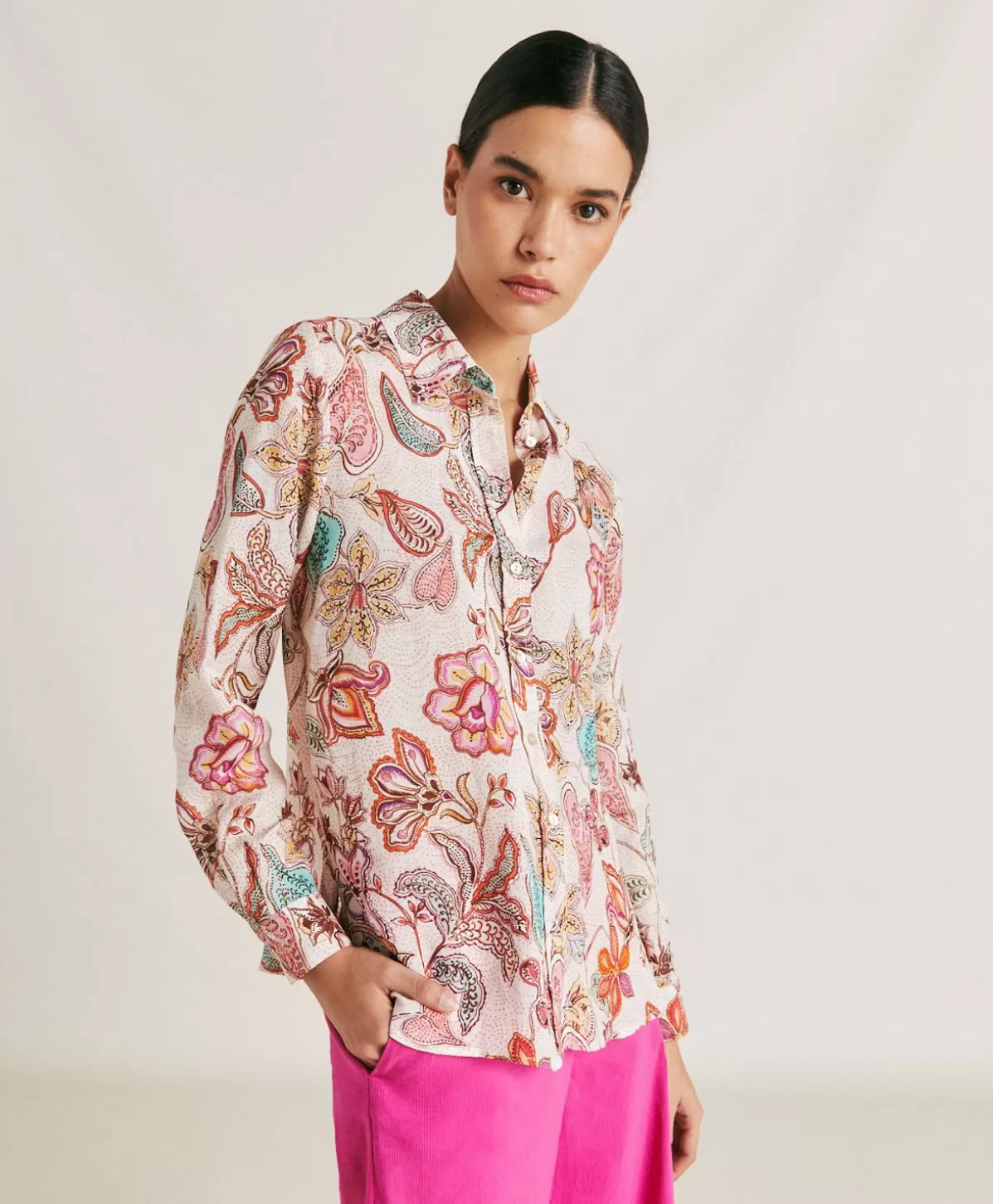 Bluse E Camicie-Momonì Camicia Estreta In Viscosa Lino - Rosa Multicolor
