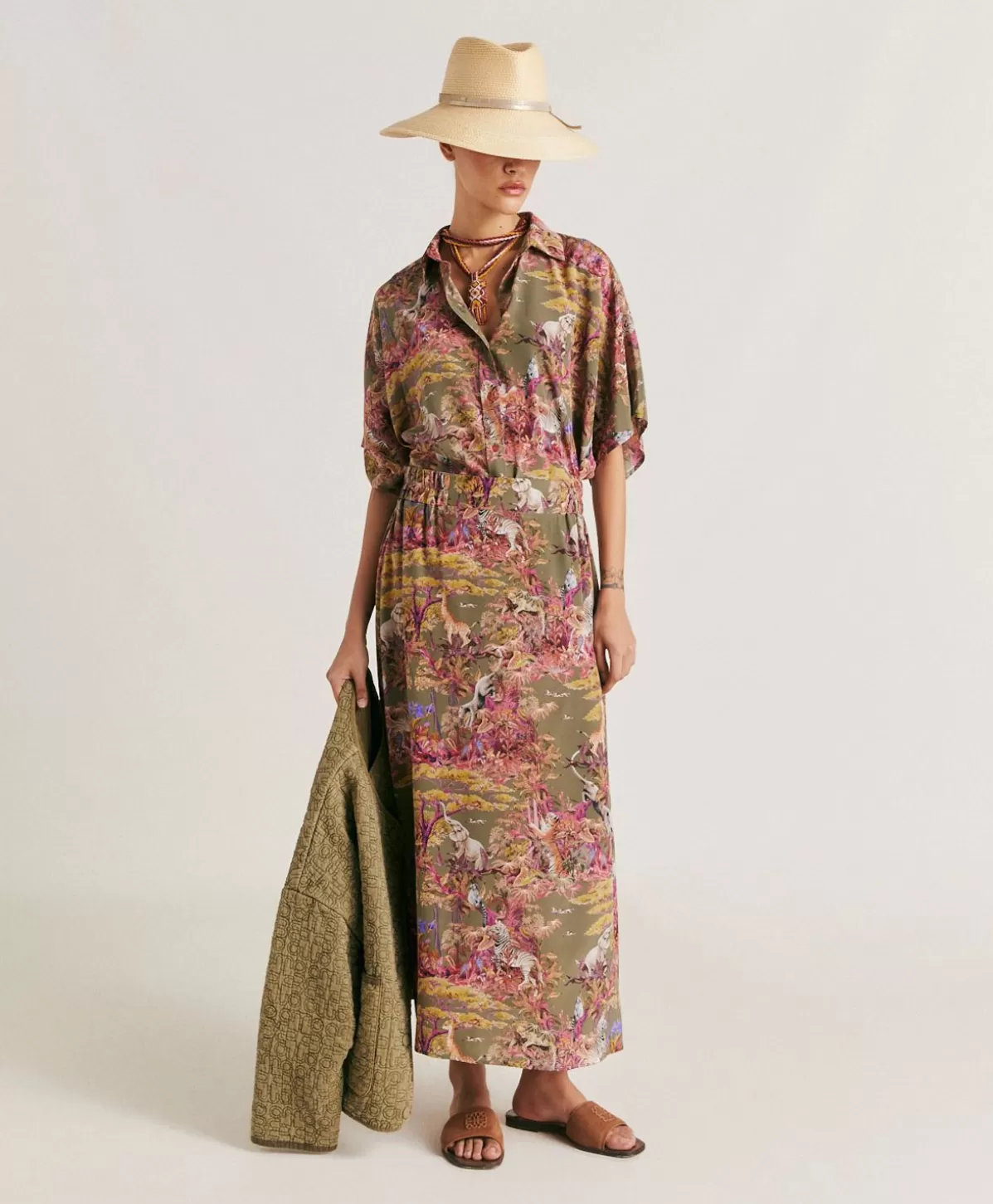 Gonne-Momonì Gonna Olla In Crepe De Chine - Oliva Multicolor