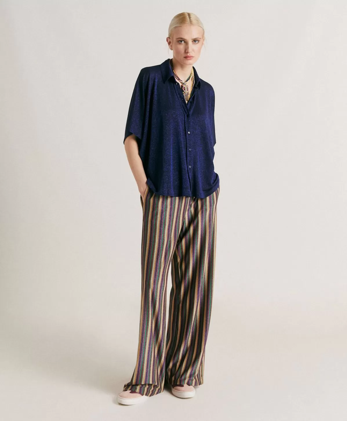 Pantaloni E Shorts-Momonì Pantaloni Baccarat In Jersey Lurex A Righe - Multicolor Verde