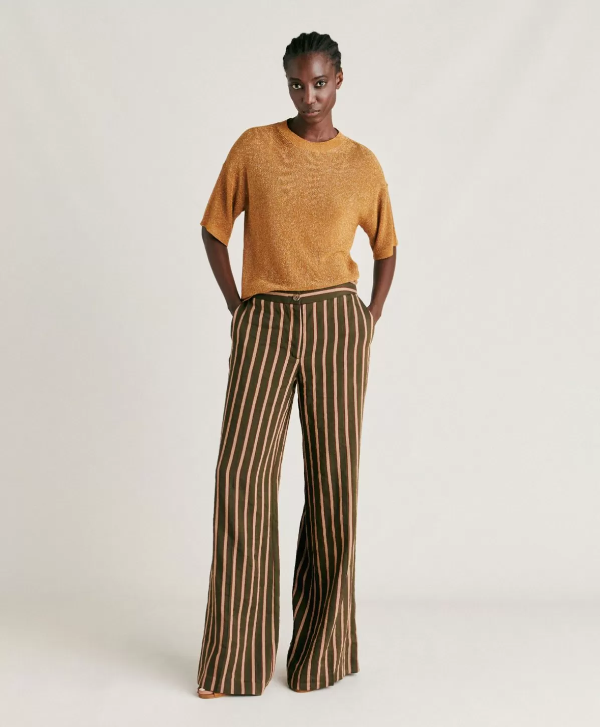 Pantaloni E Shorts-Momonì Pantaloni Candeo In Lino Viscosa A Righe - Army Multicolor