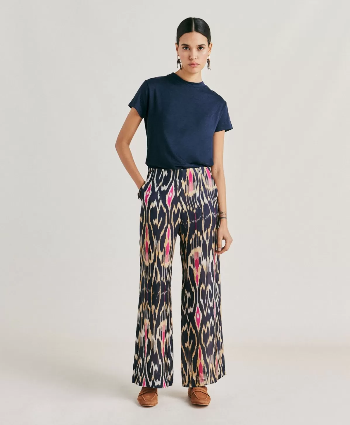 Pantaloni E Shorts-Momonì Pantaloni Ginepro In Viscosa Lino - Multicolor Blu