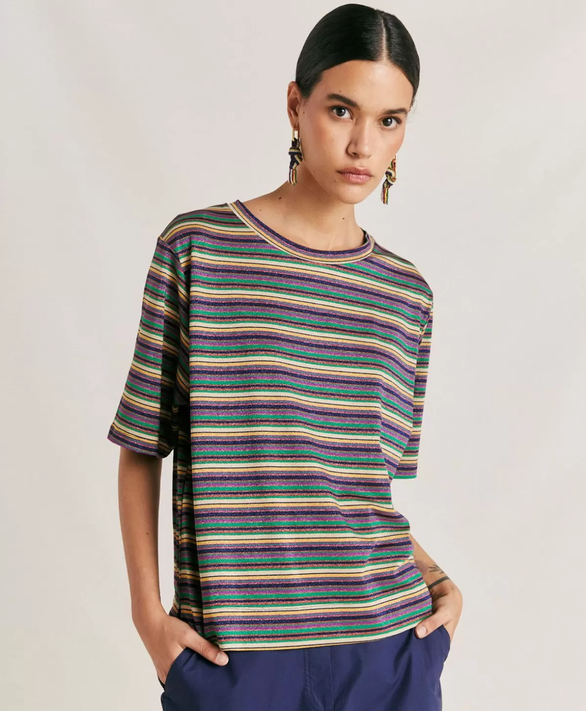 T-Shirts E Top-Momonì Thirt Iora In Jersey Lurex A Righe - Multicolor Verde