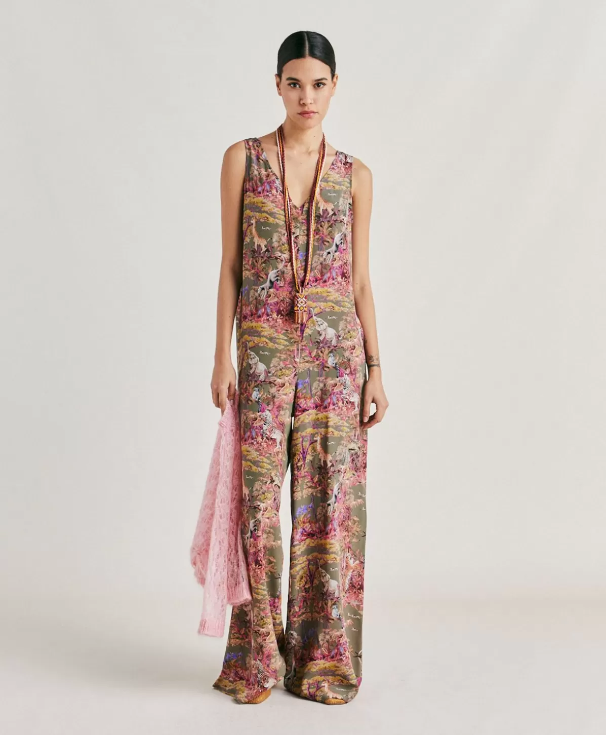 Vestiti-Momonì Tuta Lunga Matilde In Crepe De Chine - Oliva Multicolor