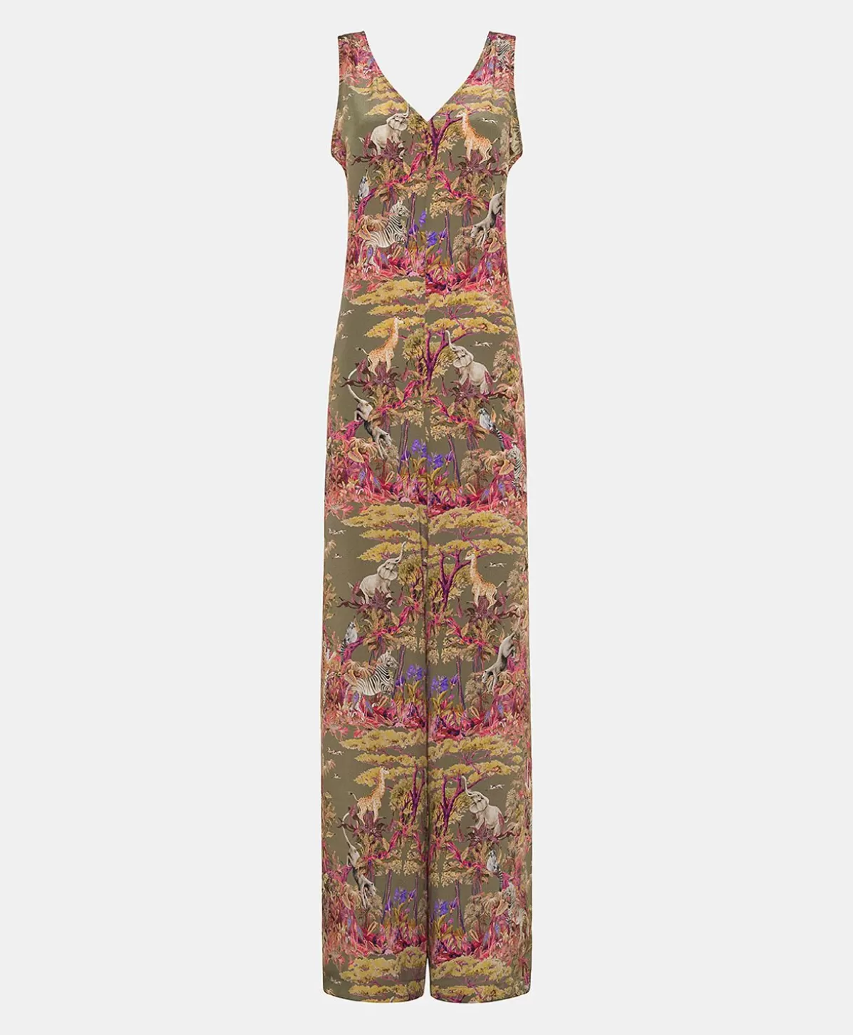 Vestiti-Momonì Tuta Lunga Matilde In Crepe De Chine - Oliva Multicolor